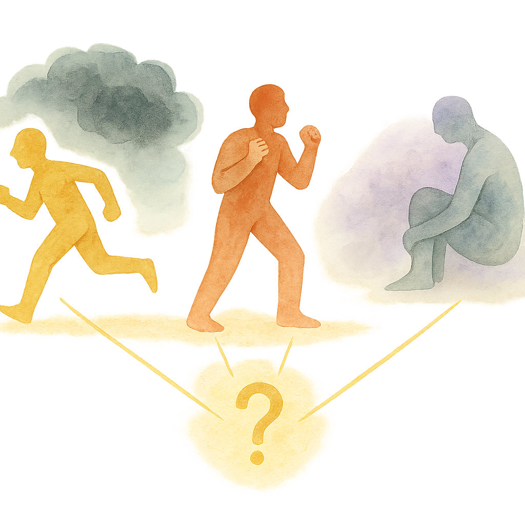 Abstrakte Illustration mit drei Figuren, die in unterschiedliche Richtungen ziehen