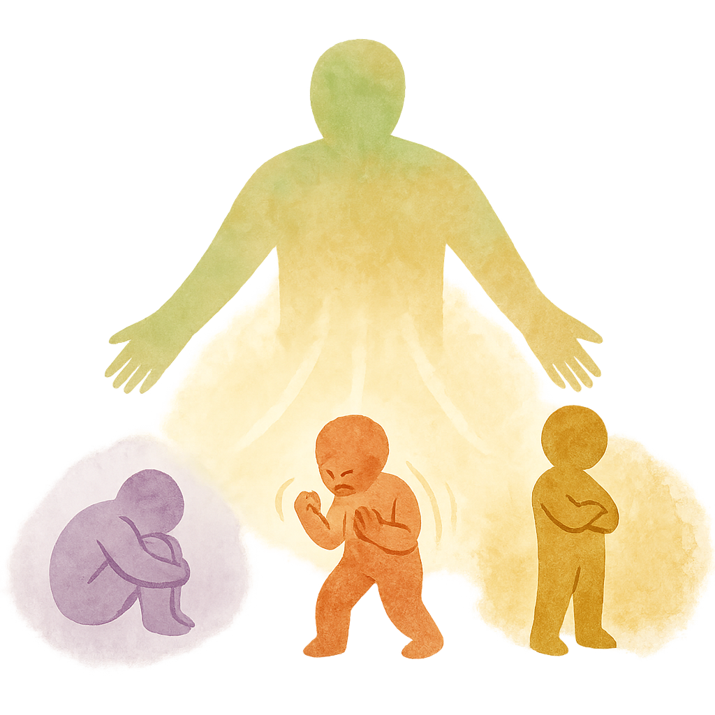 Abstrakte Illustration eines Menschen, der ein jüngeres Selbst hält