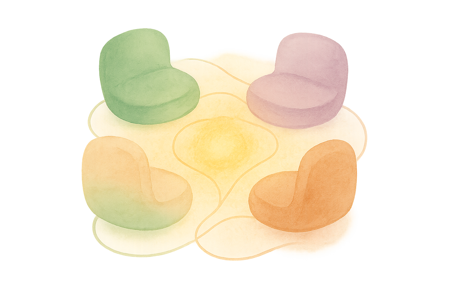 Abstrakte Illustration eines Therapieraums mit mehreren Stuehlen, die verschiedene innere Anteile repraesentieren