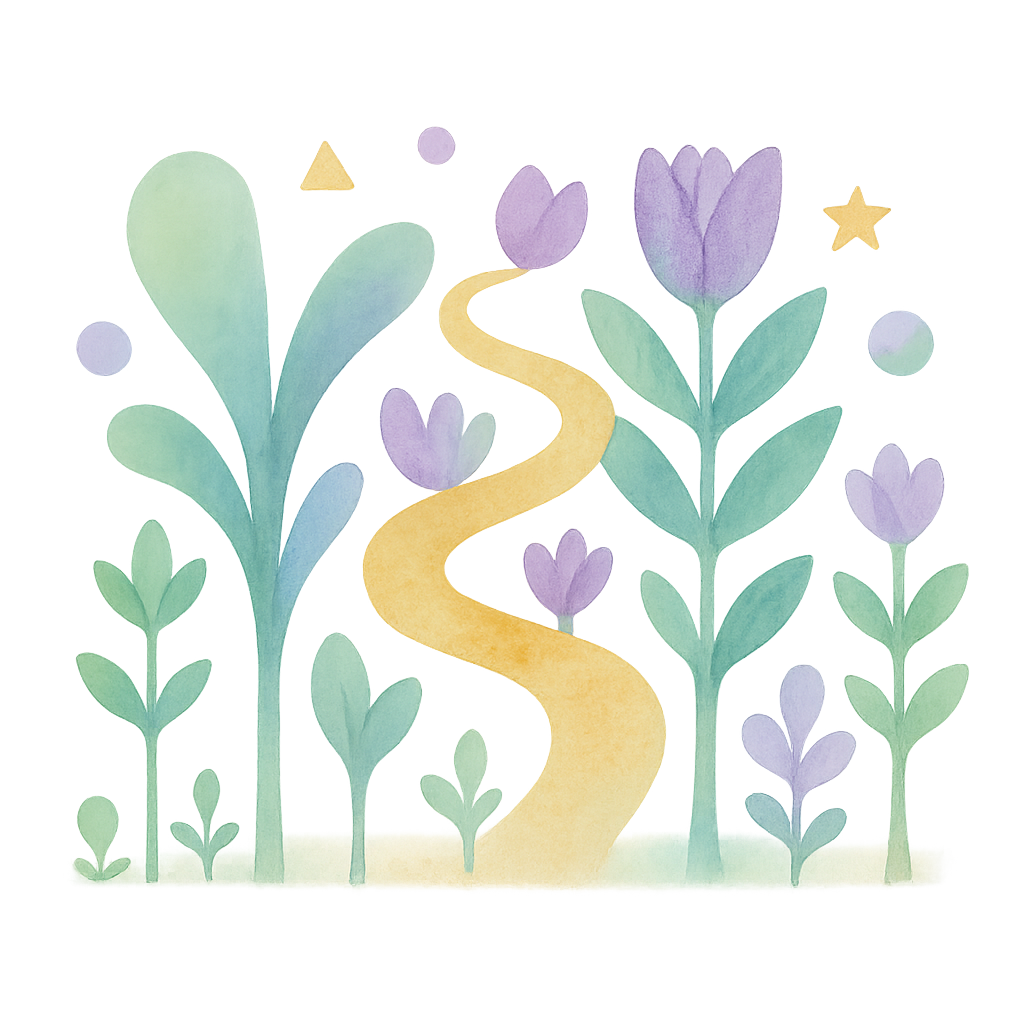 Bunte Illustration mit kindgerechten Symbolen wie Bauklötzen, Farbstiften und einem Herz